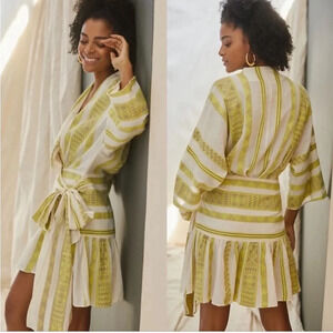 Anthropologie White and Lime Green Patterned Wrap Mini Dress